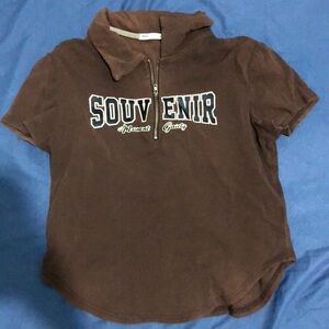 Brown zipper pullover short sleeve T-shirt female